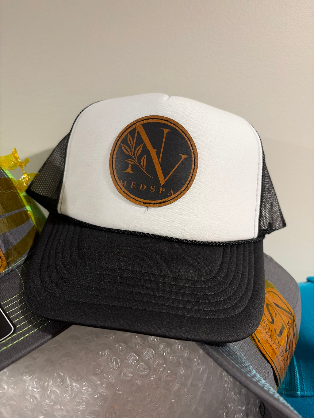 Custom Leather Patch Trucker Hats — Laser Engraved Logo, Business & Sports Patches