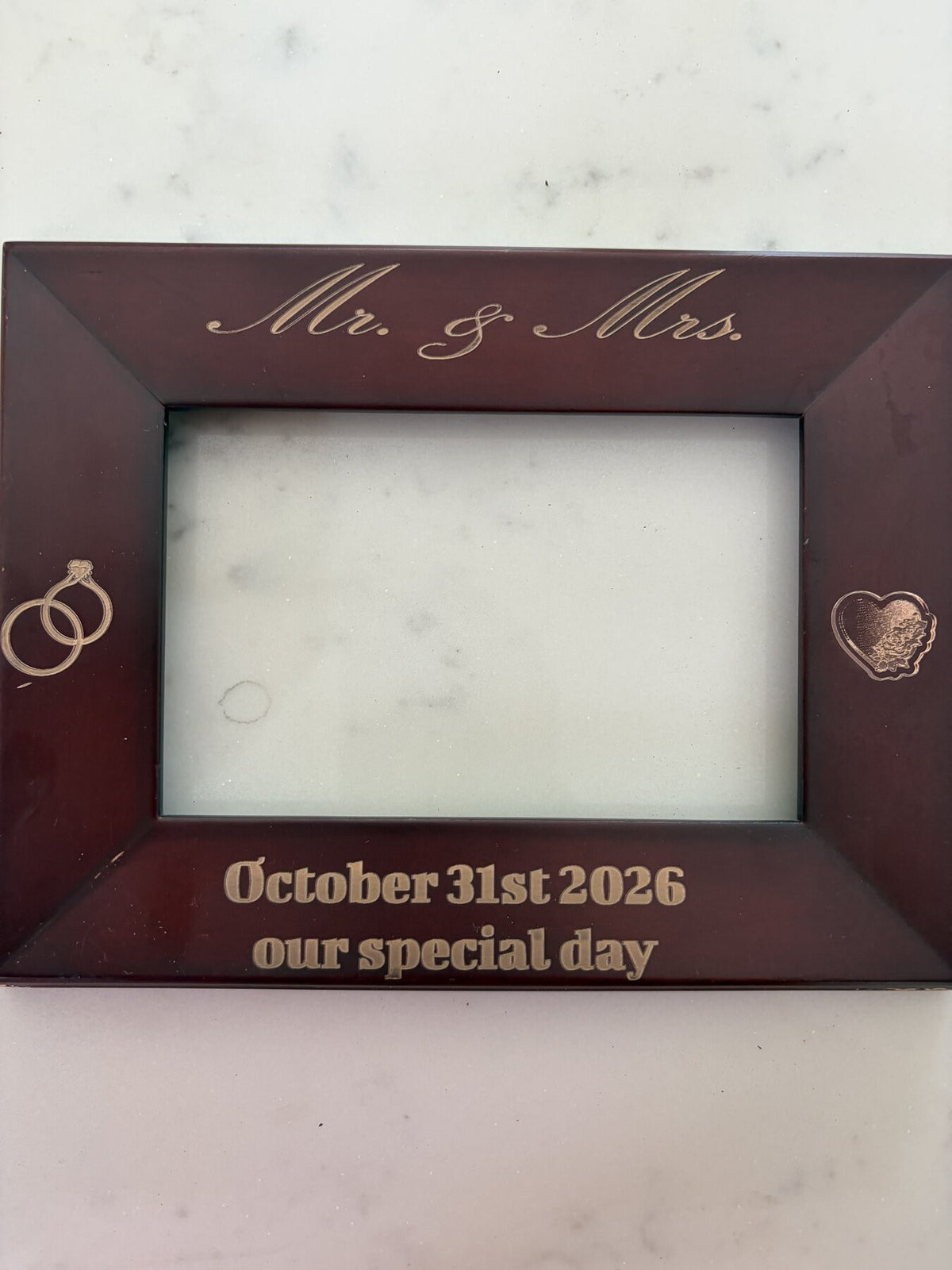 Custom engraved wood photo frame with Mr. and Mrs. and wedding date