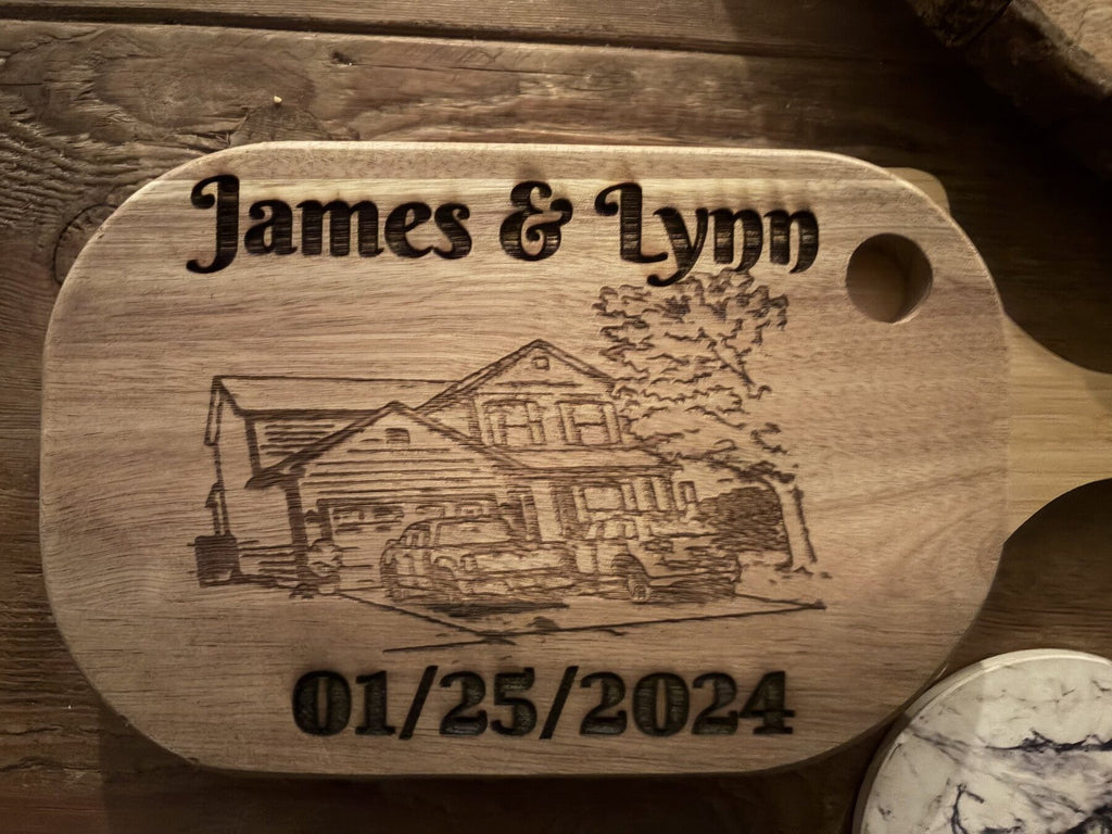 Engraved wood cutting board with custom house portrait and names