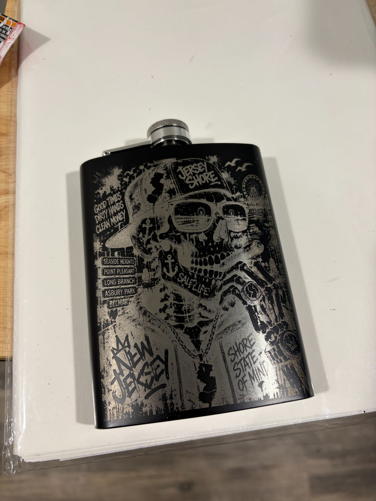 The NJ Crew engraved black flask — Jersey Shore design